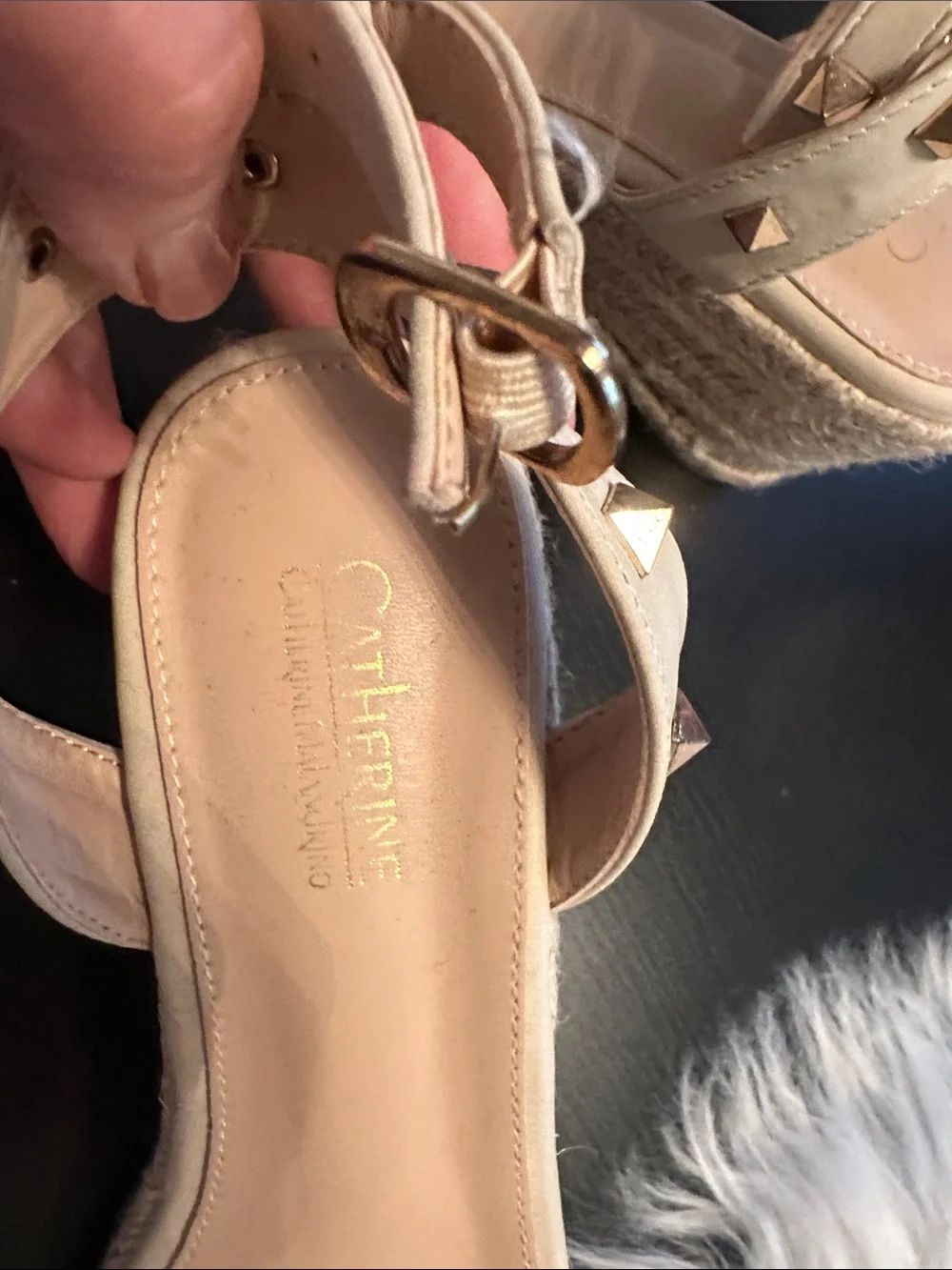 Catherine Malandrino Beige Studded Ankle-Strap Wedge Espadrilles